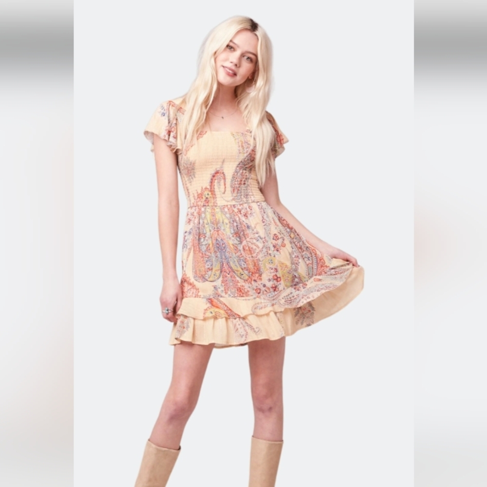 BOG Aversa Butter Paisley Smocked Mini Dress